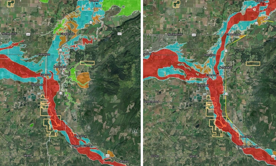 caption: FEMA's old flood map (Left), alongside a proposed new flood map (Right). The red represents the floodway. The two black dots represent the approximate locations of the Cunninghams' home and the Millers' home, in Everson and Sumas respectively
