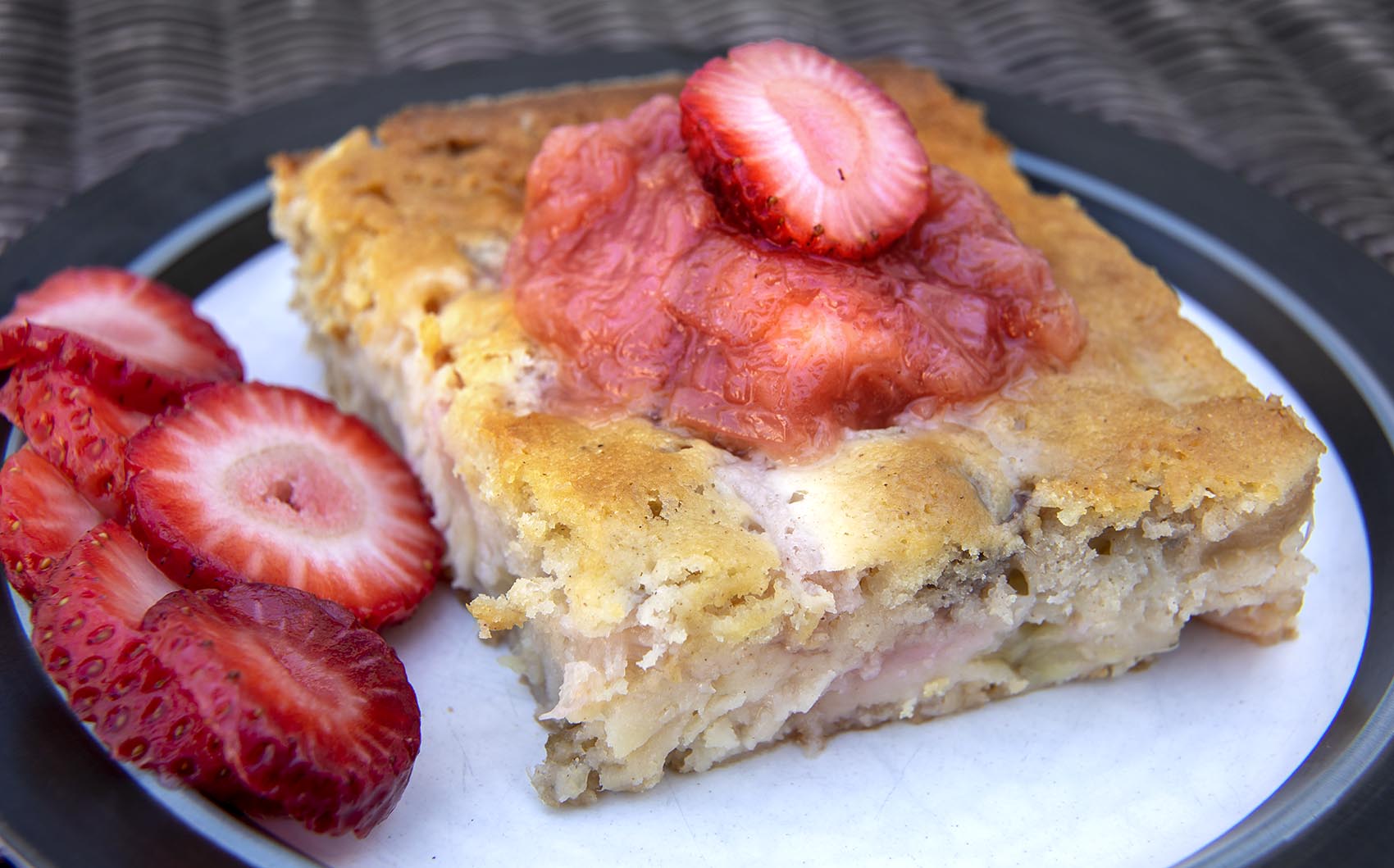caption: Rhubarb-buttermilk cake, from Chef Kathy Gunst. (Robin Lubbock/WBUR)
