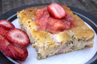 caption: Rhubarb-buttermilk cake, from Chef Kathy Gunst. (Robin Lubbock/WBUR)