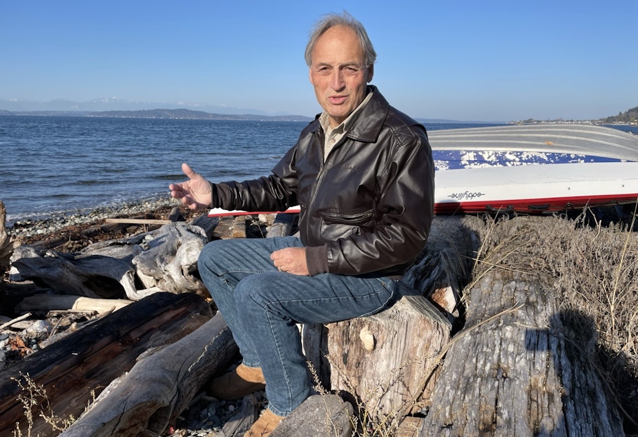 caption: Ken Workman, Duwamish elder and great, great, great, great grandson of Chief Seattle on the beach in West Seattle.