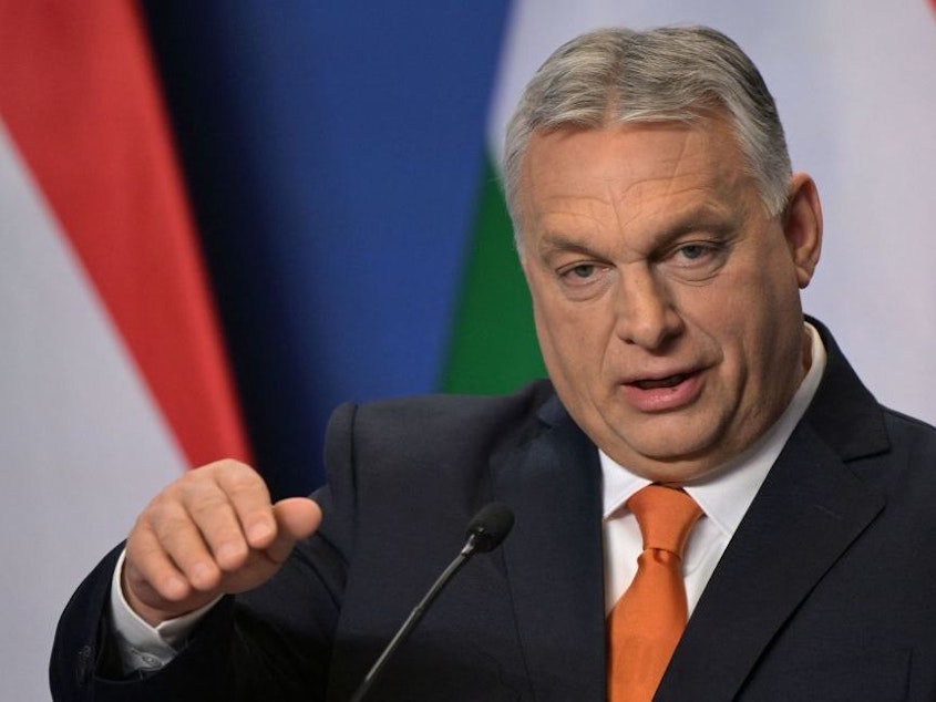 caption: Hungarian Prime Minister Viktor Orban gives his an international press conference April 6, days after his FIDESZ party won the parliamentary election, in the Karmelita monastery housing the prime minister's office in Budapest.