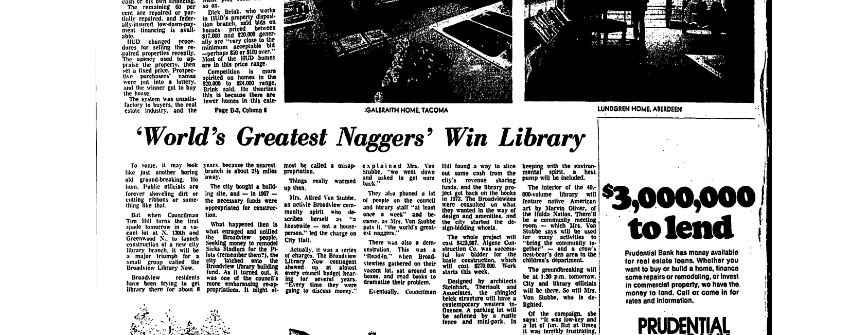 caption: A newspaper headline declares "'World's Greatest Naggers' Win Library" after Broadview residents successfully protested for a library to be built in their neighborhood.