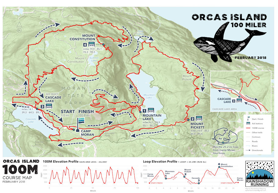 caption: The race map for the Orcas 100 Miler.