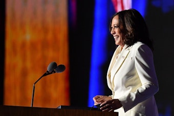 caption: Vice President-elect Kamala Harris delivers remarks in Wilmington, Del., Saturday evening.