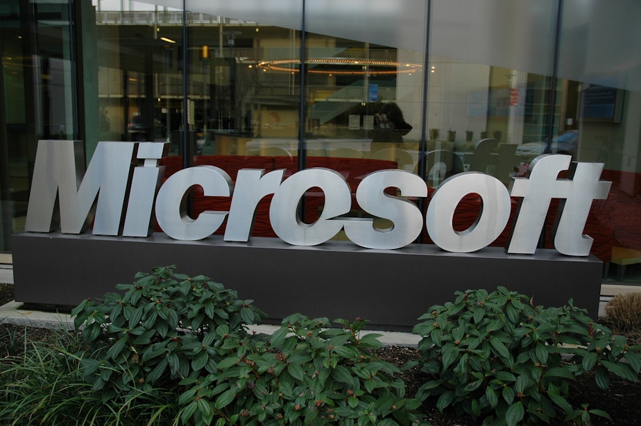 caption: Microsoft sign on the company's Redmond, Washington campus.