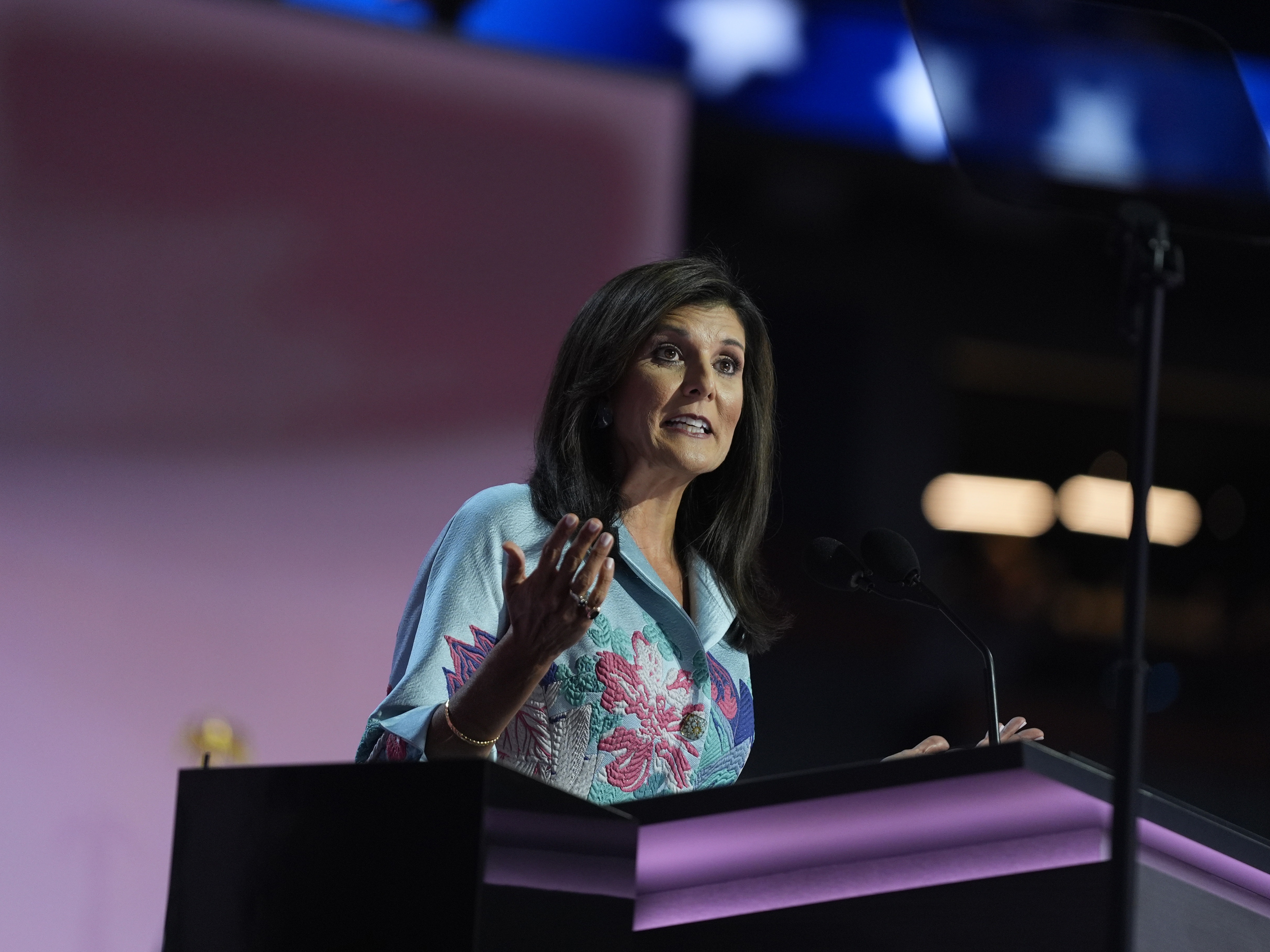 caption: Former U.N. Ambassador Nikki Haley speaks during the second day of the Republican National Convention, July 16, in Milwaukee. Haley strongly endorsed Trump in her speech.