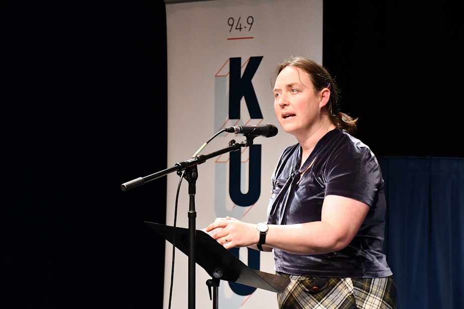 caption: Katura Reynolds performs her story at KUOW's Stories from THE WILD event on Friday, October 11, 2019, at McCaw Hall in Seattle.