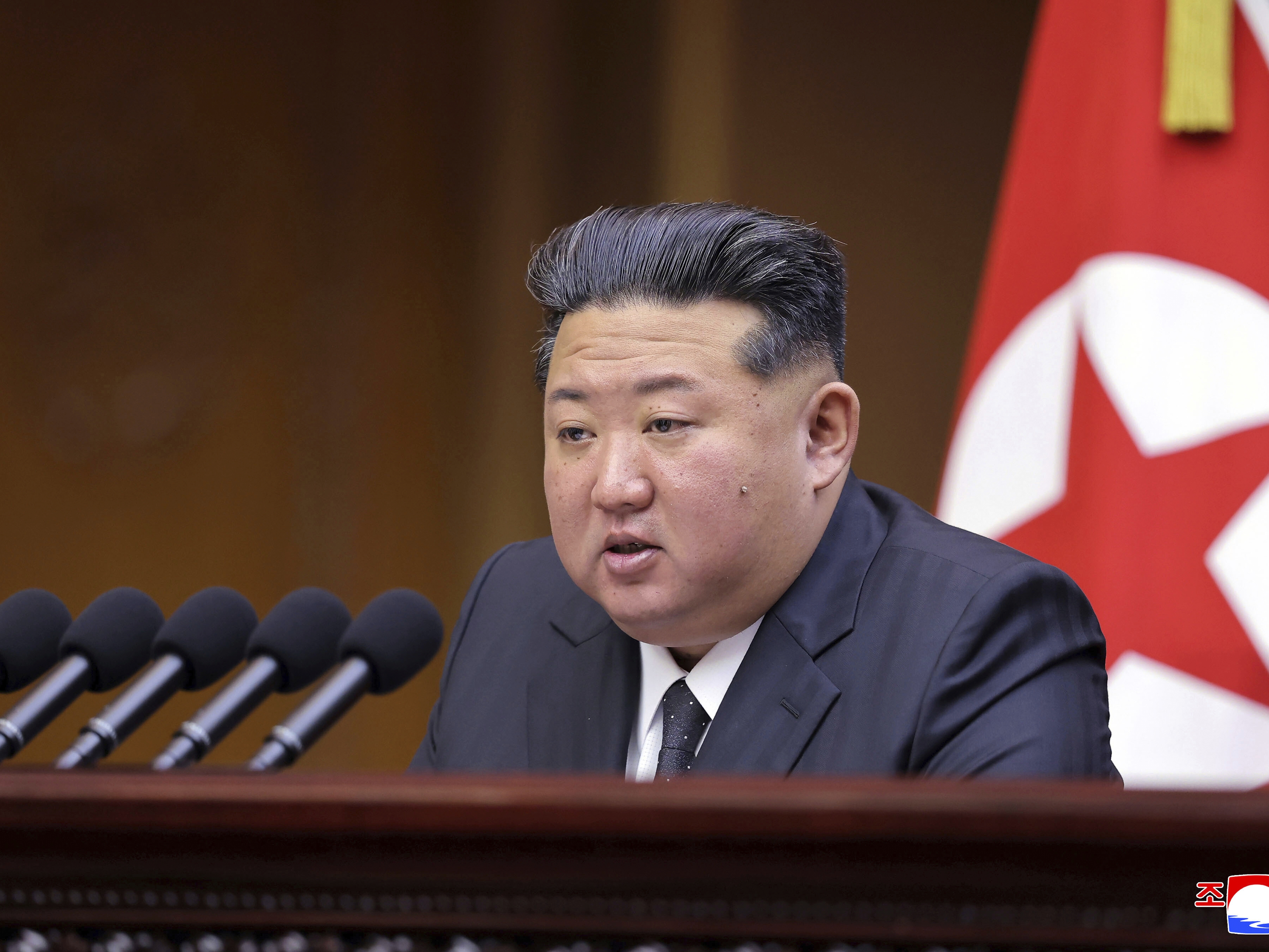 caption: This photo provided by the North Korean government, shows North Korean leader Kim Jong Un speaks during a parliament session at the Supreme People's Assembly, which was held on Sept. 20-21, 2025 in Pyongyang, North Korea.