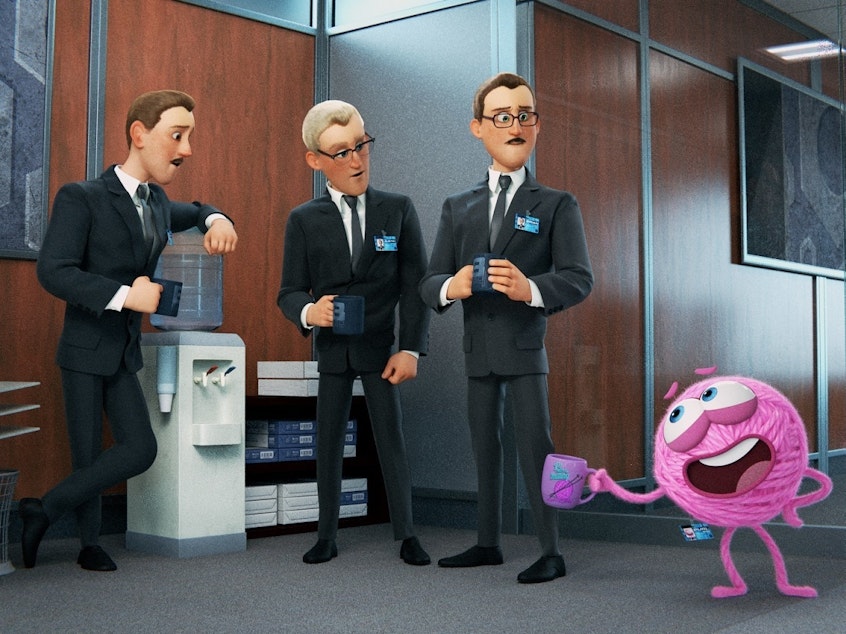 caption: In <em>Purl</em>, a sentient ball of yarn finds itself out of place at the office. The short film is one of several created through a new Pixar program called SparkShorts.