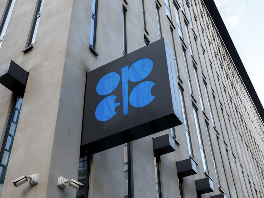 caption: The logo of the Organization of the Petroleoum Exporting Countries (OPEC) is seen outside of OPEC's headquarters in Vienna, Austria, on March 3, 2022.