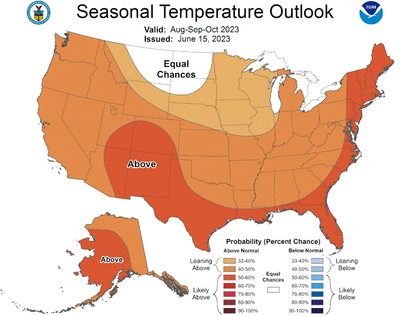 caption: The seasonal temperature outlook for August, September, and October 2023, according to the National Weather Service. 