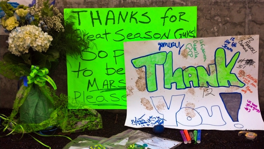 caption: Signs at the Seahawks' Virginia Mason Athletic Center welcome home the team after the depressing Super Bowl Loss on Feb. 1, 2015.