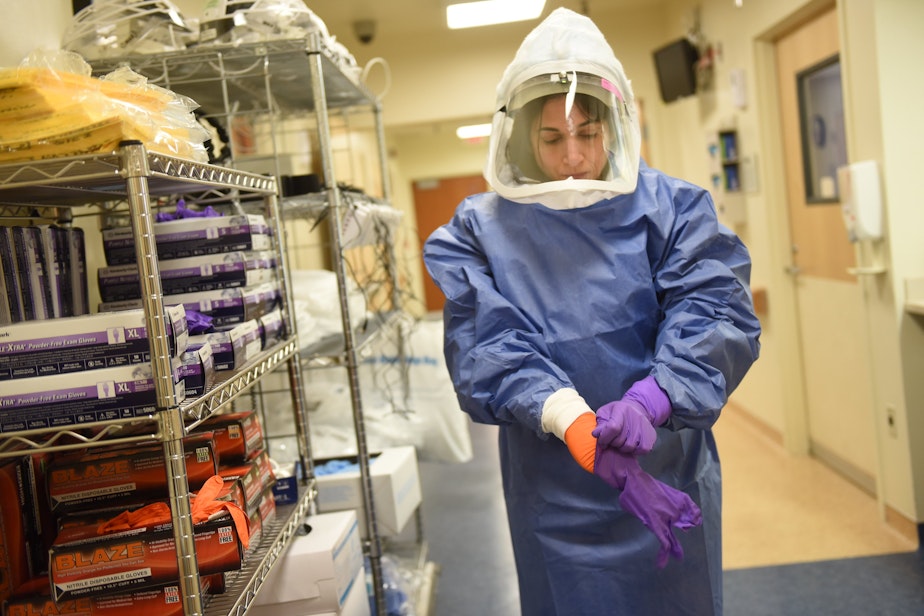 caption: Hospital Epidemiologist Dr. Tara Palmore dons personal protective equipment (PPE) at the National Institutes of Health Clinical Center in Bethesda, Md., in 2015.