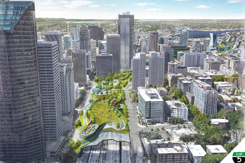 caption: A graphic showing the potential for a lid constructed over I-5 through downtown Seattle, creating park space. 