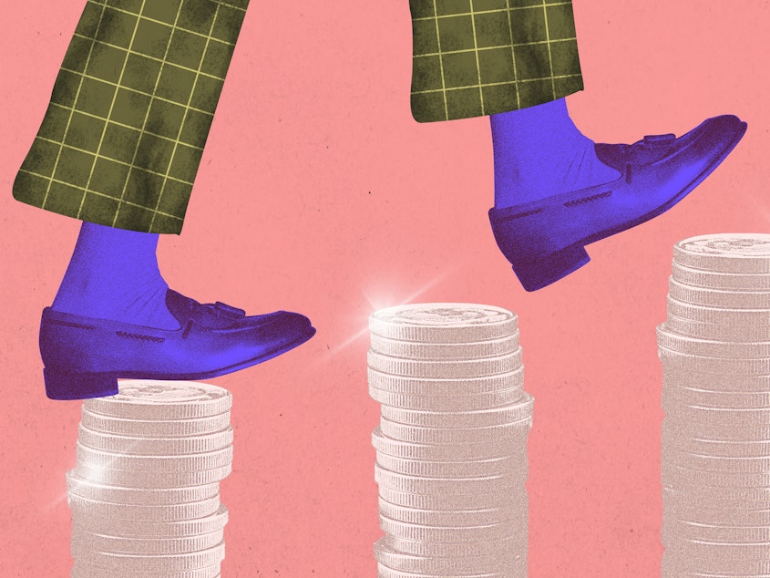 A collage depicts a close-up of a senior adult walking up stacked coins as though they're a set of stairs. The person wears purple loafers and slightly cropped green checkered slacks. The images symbolizes someone who is planning for their finances later in life.