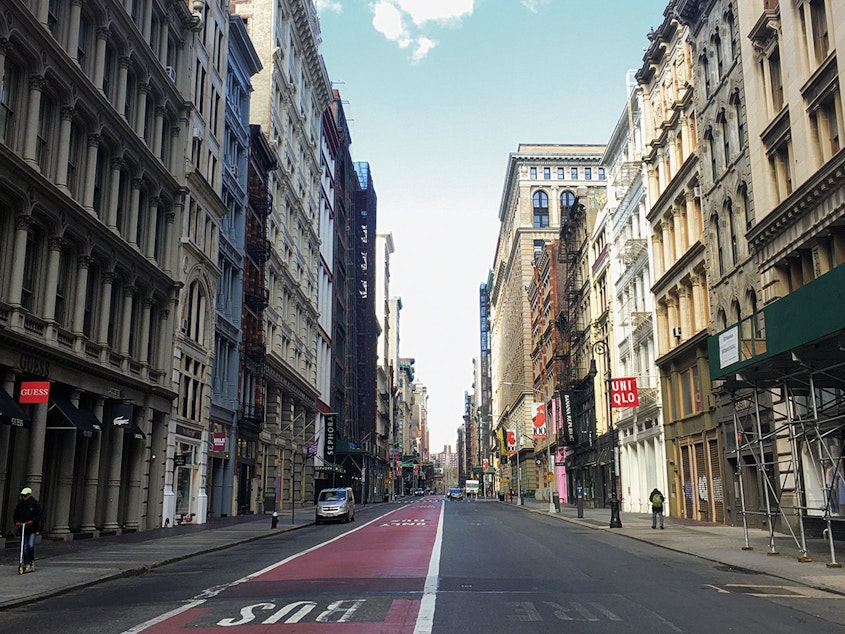 caption: Empty offices sit above empty retail stores on Broadway in downtown Manhattan. As commercial real estate continues to lie vacant around the U.S., it may contribute to a vicious economic cycle that reshapes our cities.