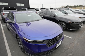caption: 2024 Accord sedans are displayed at a Honda dealership April 14, 2023, in Highlands Ranch, Colo.