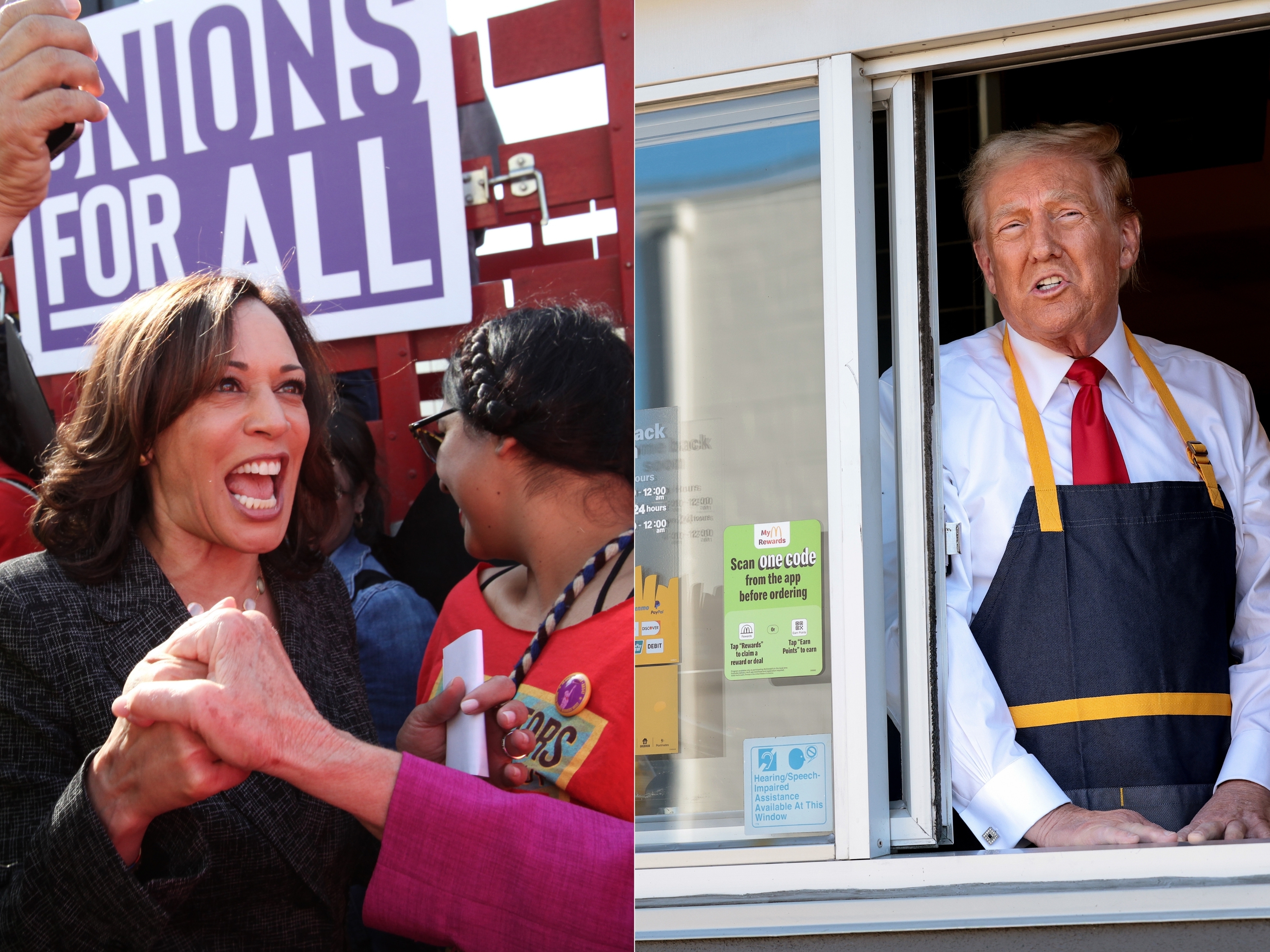caption: (Left) Kamala Harris attends a pro-union march in Los Angeles on October 2, 2019; (Right) Donald Trump visited a McDonald's restaurant in Feasterville-Trevose, Pa., on October 20, 2024.