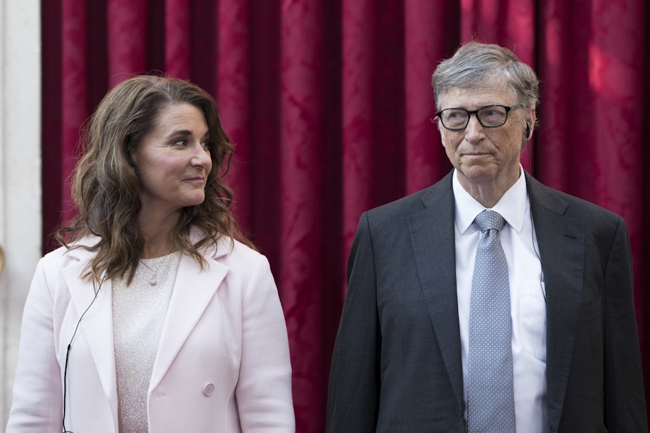 caption: Philanthropists Melinda Gates and Bill Gates prior to being awarded the Legion of Honour at the Elysee Palace in Paris last month.