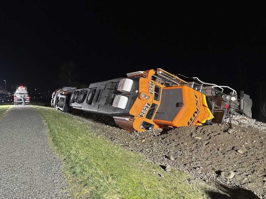 caption: This photo provided by the Washington Department of Ecology shows a derailed BNSF train on the Swinomish tribal reservation near Anacortes, Wash. on Thursday, March 16, 2023.