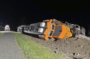 caption: This photo provided by the Washington Department of Ecology shows a derailed BNSF train on the Swinomish tribal reservation near Anacortes, Wash. on Thursday, March 16, 2023.
