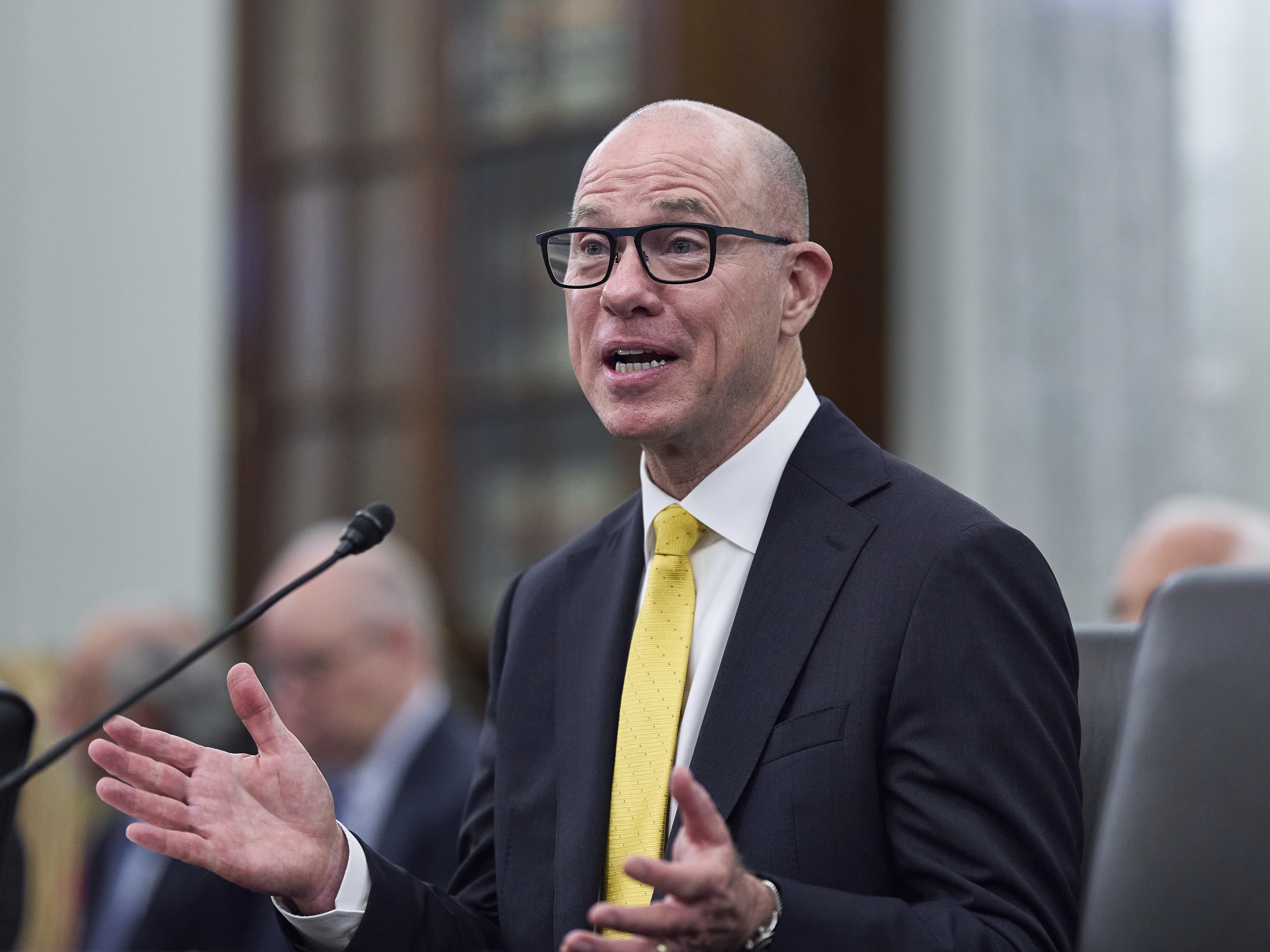 caption: Bryan Bedford, President Trump's nominee to run the Federal Aviation Administration, testifies at the Senate Commerce, Science, and Transportation Committee in Washington, D.C., on Wednesday.