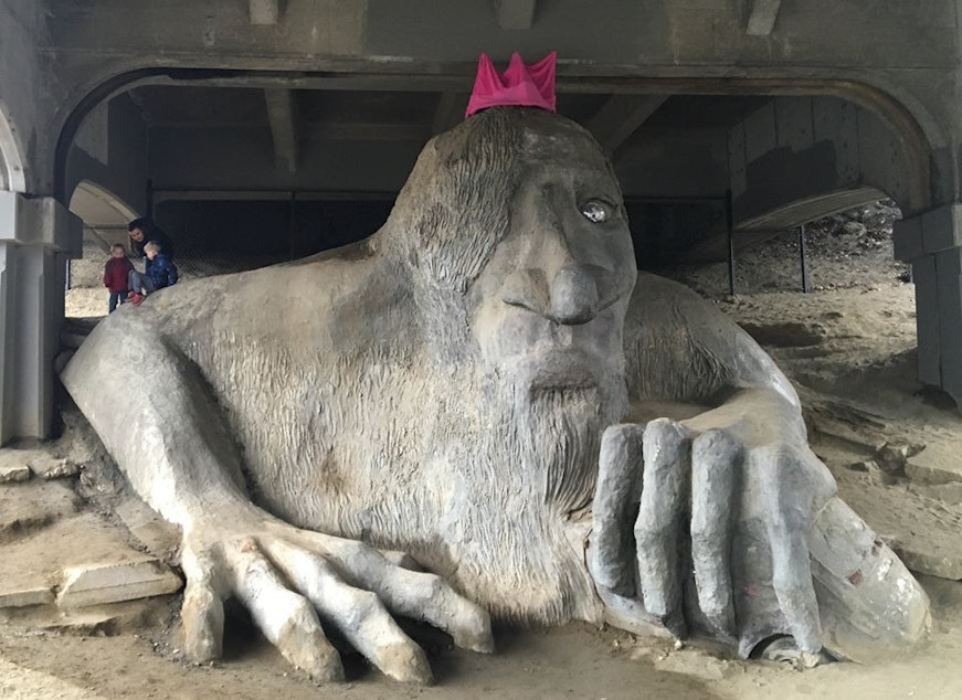 caption: The Fremont troll wasn't at the Seattle womxn's march on Saturday but clearly there in spirit.