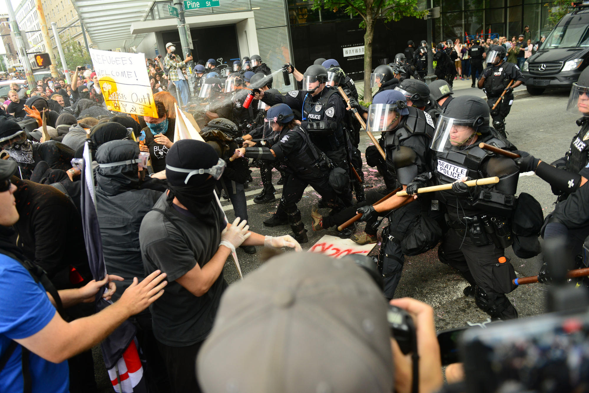 caption: Seattle Police clashed with anti-fascist marchers at 2nd Ave. and Pine St., Seattle, August 13, 2017.