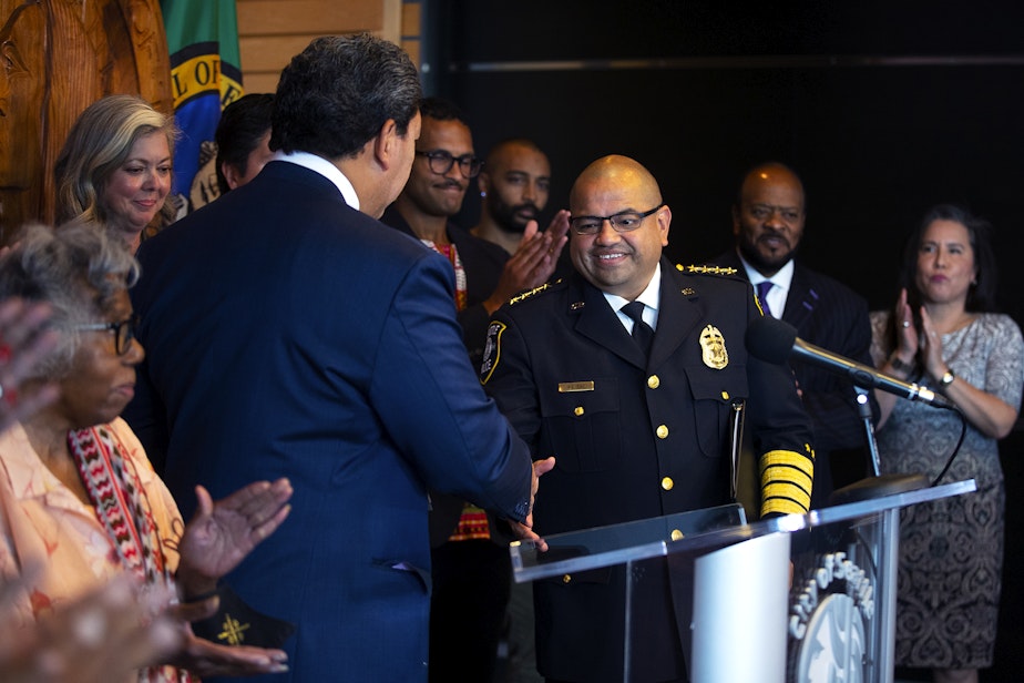 caption: Seattle mayor Bruce Harrell announced Adrian Diaz as the new permanent Seattle Chief of Police during a press conference on Tuesday, September 20, 2022, at Seattle City Hall.