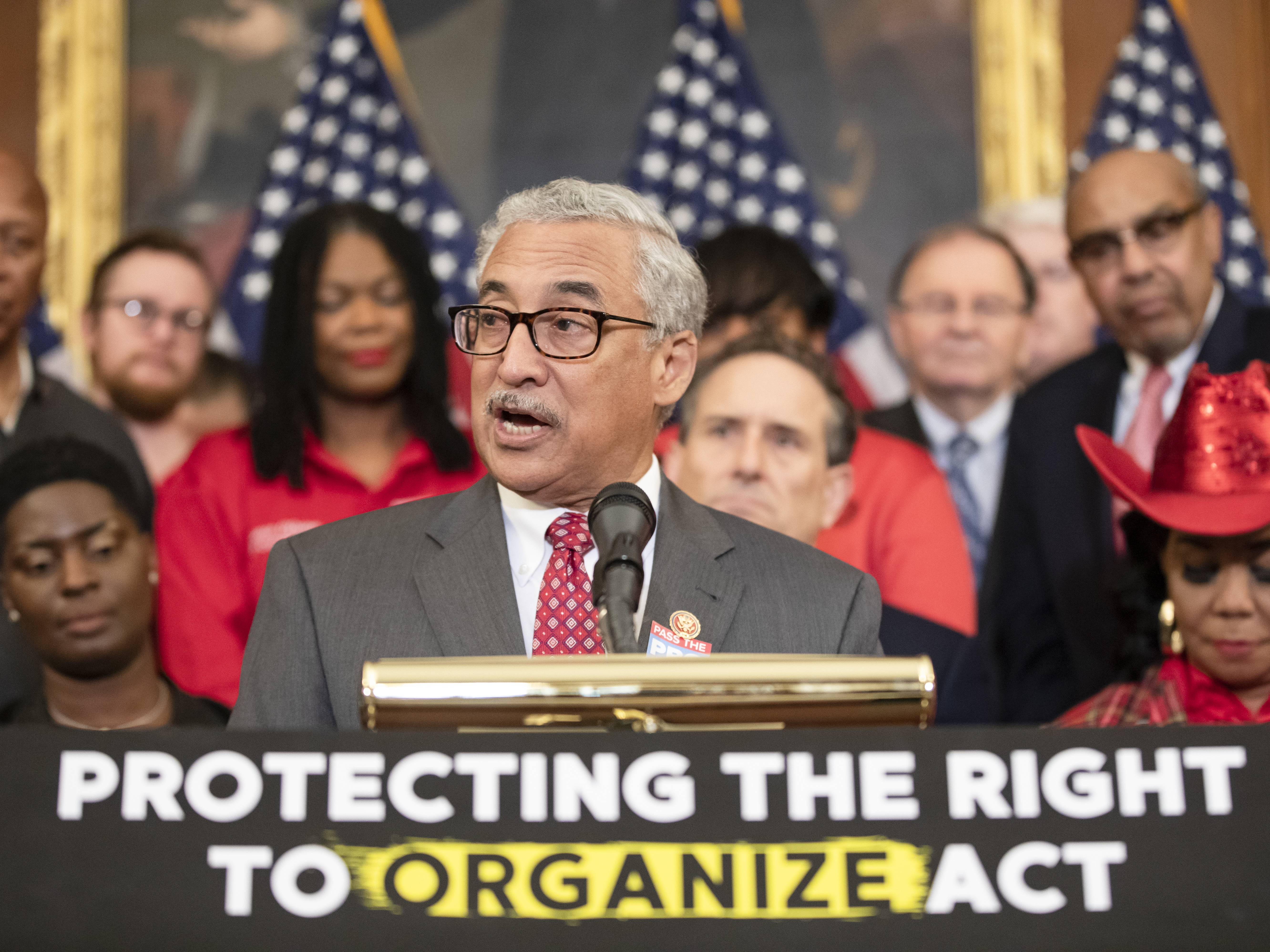 caption: Seen here during a 2020 news conference, Rep. Bobby Scott, D-Va., is the lead House sponsor of the Protecting the Right to Organize Act, which passed the House on Tuesday.