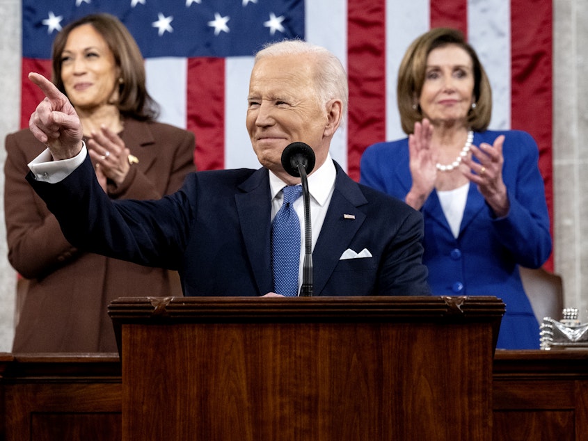 President Joe Biden delivers the State of the Union address as U.S. Vice President Kamala Harris House Speaker Nancy Pelosi look on during a joint session of Congress in the U.S. Capitol House Chamber on March 1, 2022.