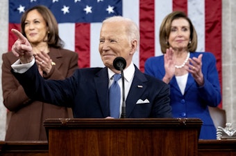 President Joe Biden delivers the State of the Union address as U.S. Vice President Kamala Harris House Speaker Nancy Pelosi look on during a joint session of Congress in the U.S. Capitol House Chamber on March 1, 2022.