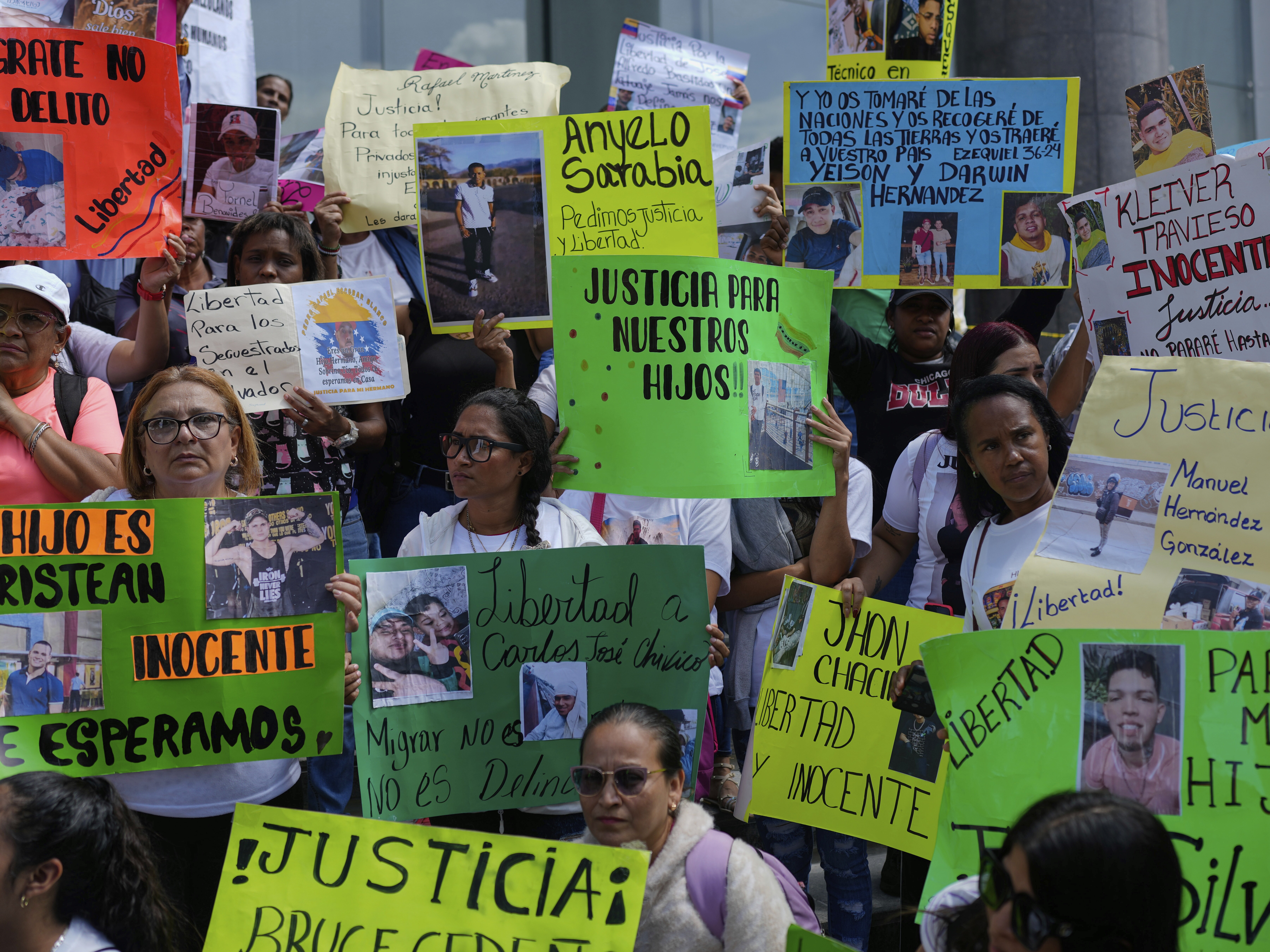 caption: The relatives of Venezuelan migrants in the U.S. who were flown to a prison in El Salvador by the U.S. government protest outside the United Nations building in Caracas, Venezuela, in April. President Trump invoked the 18th-century Alien Enemies Act to deport the men without due process — one of several ways he is attempting to deliver on campaign promises to "launch the largest deportation program of criminals in the history of America."