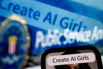 caption: A photo illustration created last July shows an advertisement to create AI girls reflected in a public service announcement issued by the FBI regarding malicious actors manipulating photos and videos to create explicit content and sextortion schemes. A boom in deepfake porn is outpacing U.S. and European efforts to regulate the technology.