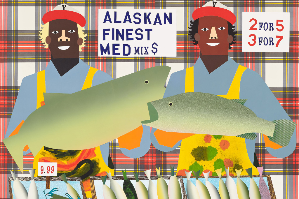 caption: Nina Chanel Abney, #Bruthas Who #Fish, 2022. Collage on panel. © Nina Chanel Abney. 