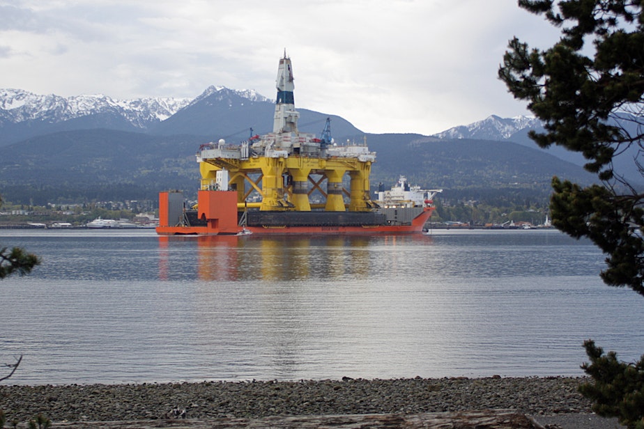 caption: Shell Oil's Polar Pioneer sits at anchor aboard the Blue Marlin in Port Angeles.