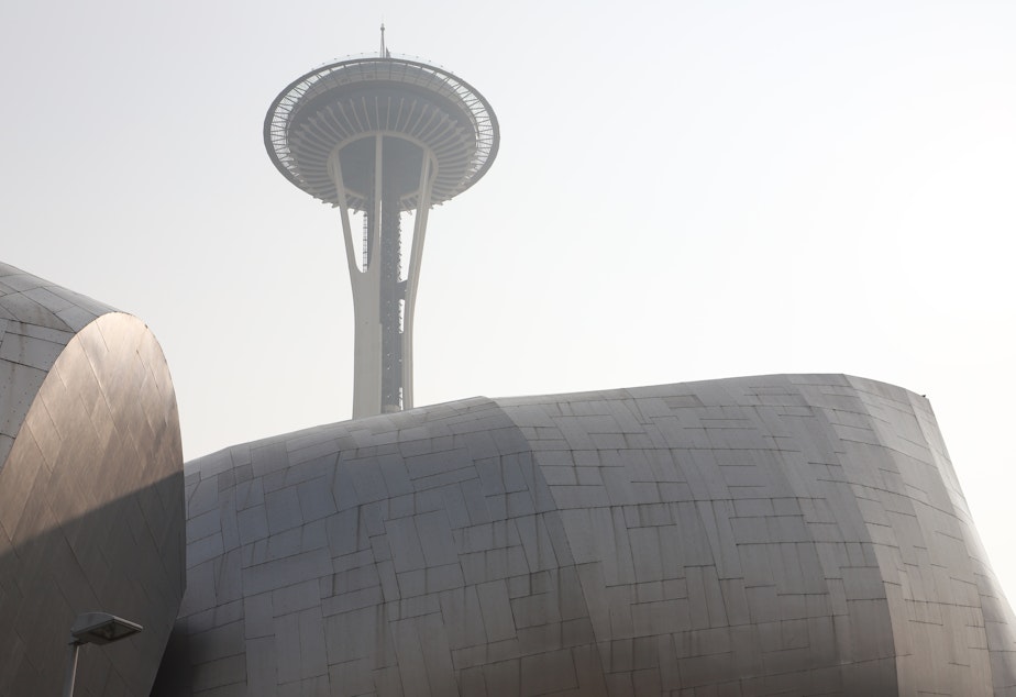 caption: View of the Space Needle from the EMP, September 11, 2020
