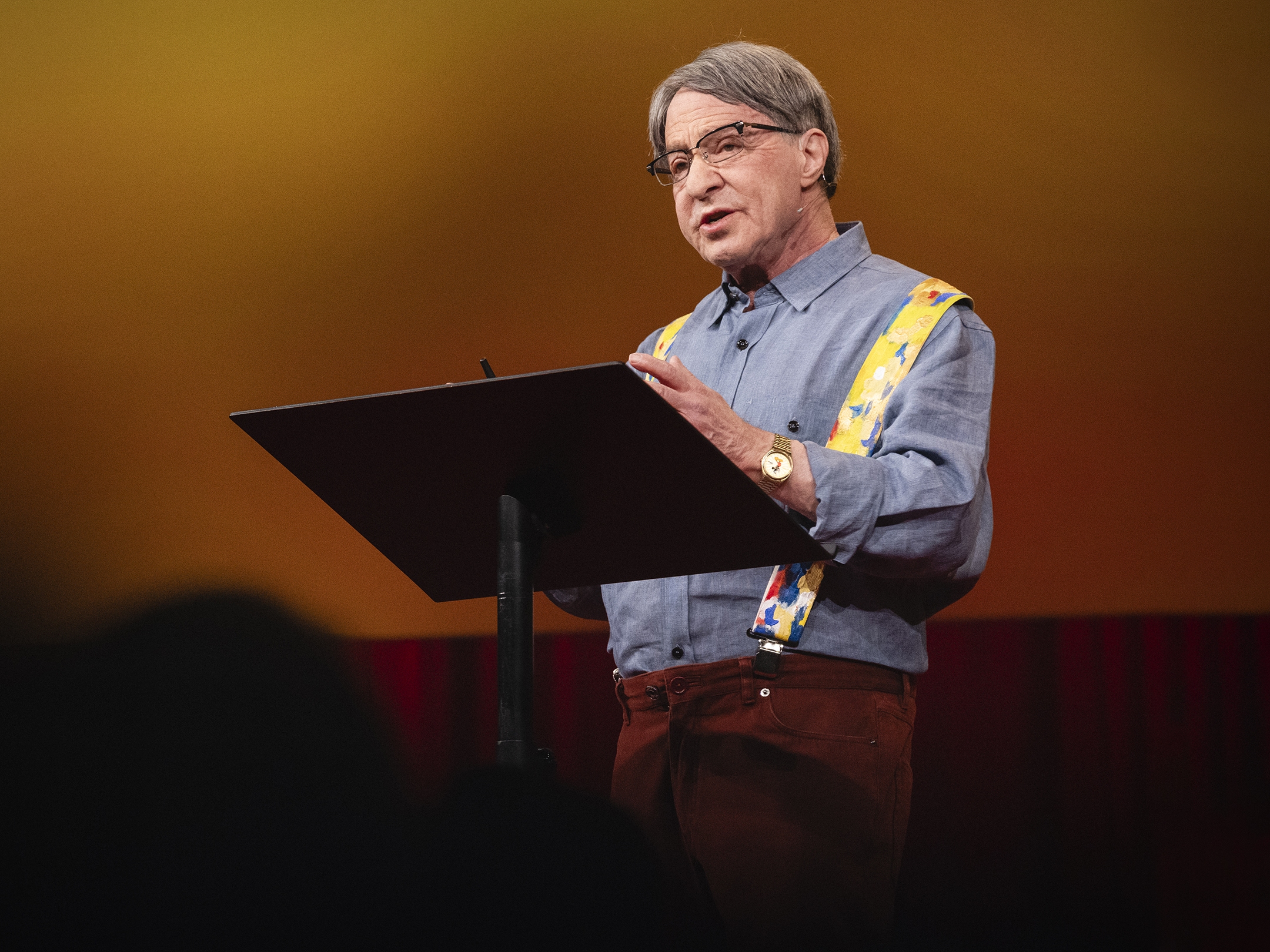 caption: Ray Kurzweil speaks at TED2024