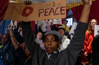 caption: Protesters calling for gun reform laws and showing support for the three Democratic representatives. Rep. Justin Jones and Justin J. Pearson were ultimately expelled, but Rep. Gloria Johnson was saved by one vote. The two legislators were restored to the their seats. The three lawmakers were at the White House on Monday.