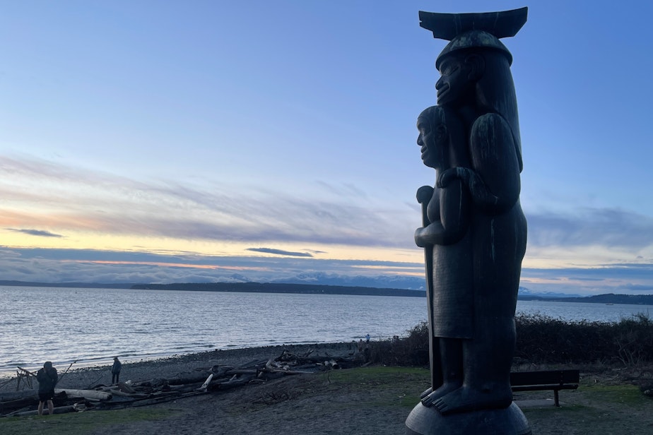 caption: A “Welcoming Figure” sculpture in Coast Salish style looks out over Puget Sound at Richmond Beach Saltwater Park in Shoreline on Jan. 16.
