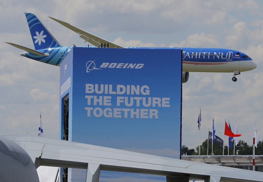 caption: Boeing 787-9 Dreamliner performs his demonstration flight at Paris Air Show, in Le Bourget, east of Paris, France, Monday, June 17, 2019. The world's aviation elite are gathering at the Paris Air Show with safety concerns on many minds after two crashes of the popular Boeing 737 Max. 