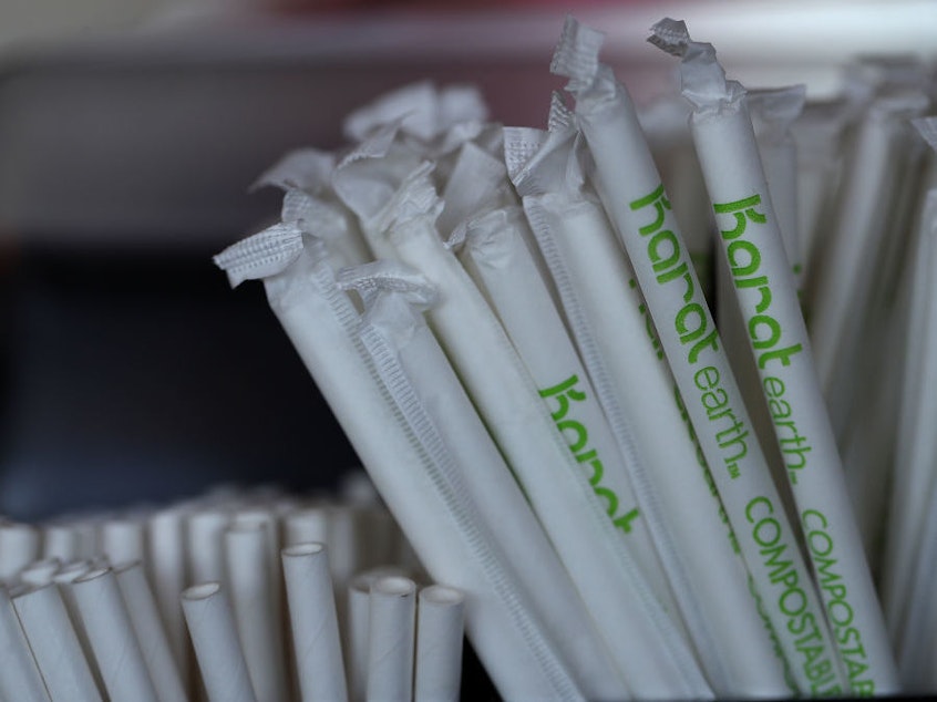 caption: Paper straws sit on the bar at Fog Harbor Fish House in San Francisco, Calif.