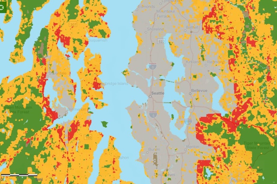 caption: A closeup of King and Kitsap counties from the Washington Dept. of Natural Resources' 2020 wildland-urban interface map.