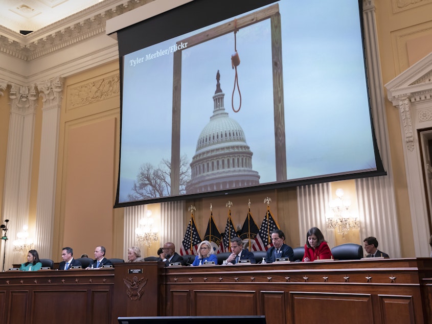 caption: An image of a mock gallows on the grounds of the U.S. Capitol on Jan. 6, 2021, is shown at a House select committee investigating the Jan. 6 attack on the U.S. Capitol hearing.
