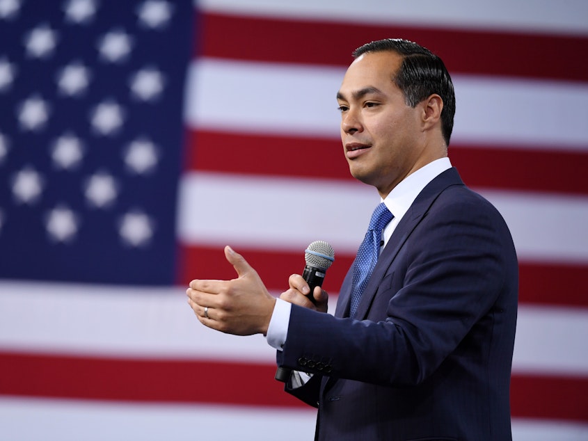caption: Democratic presidential candidate Julián Castro, pictured at a forum in Las Vegas on April 27, says he wants to decriminalize illegal border crossings.