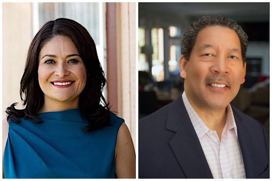 caption: Left to right: Seattle Mayor candidates Lorena González and Bruce Harrell
