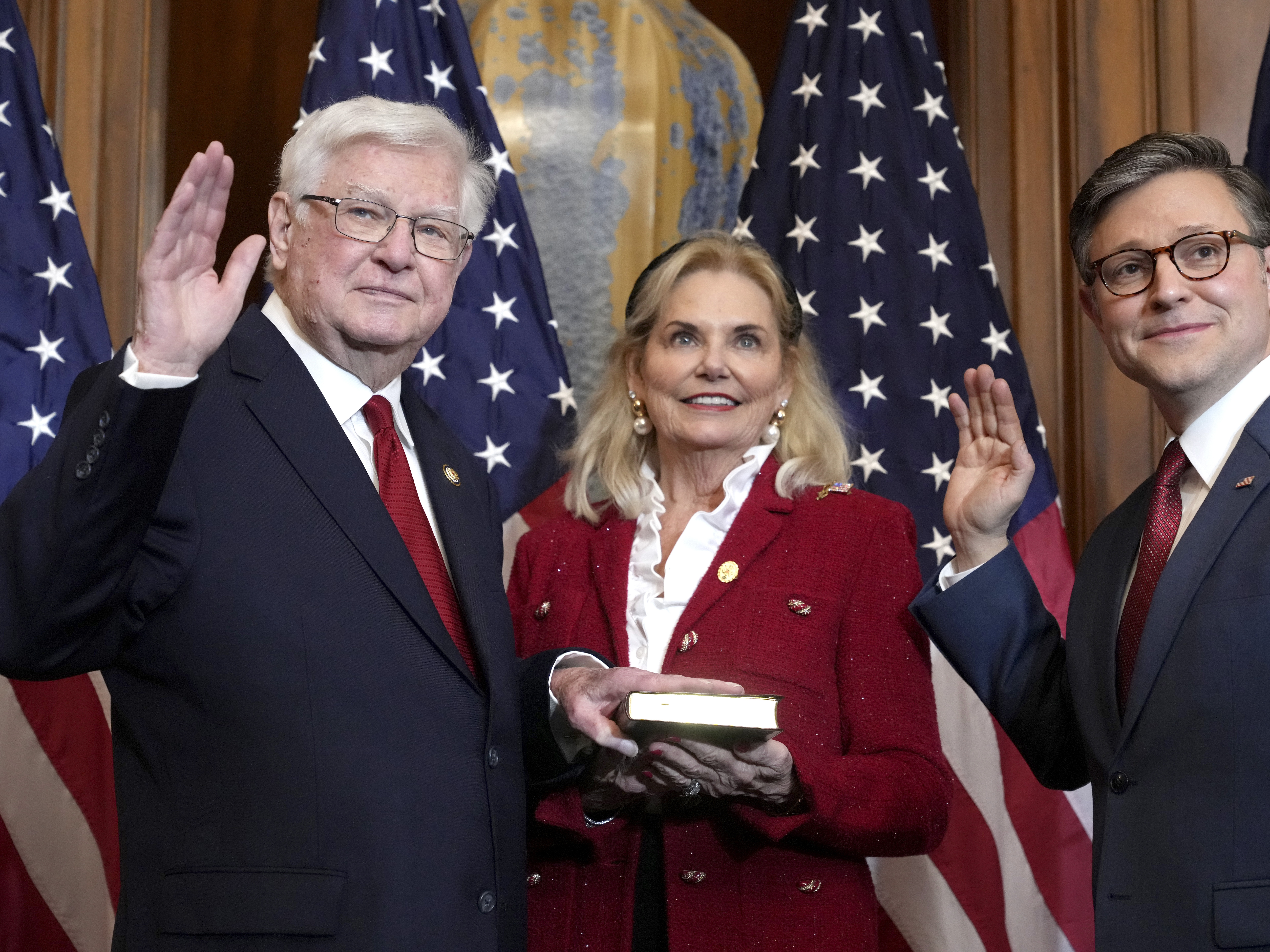 caption: GOP Rep. Hal Rogers of Kentucky, left, poses during a ceremonial swearing-in with House Speaker Mike Johnson, a Republican from Louisiana, at the U.S. Capitol in January. On Monday, Rogers led Republican members of the House Appropriations Committee in releasing one of the latest bills in Congress that call for excluding millions of people living in the states without U.S. citizenship from a set of census counts that the 14th Amendment says must include the "whole number of persons in each state."