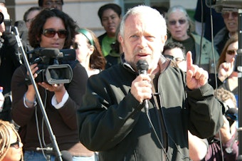 caption: Robert Reich speaks at Occupy LA