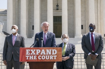 caption: From left, Rep. Hank Johnson, D-Ga., Sen. Ed Markey, D-Mass., House Judiciary Committee Chairman Jerrold Nadler, D-N.Y., and Rep. Mondaire Jones, D-N.Y., hold a news conference outside the Supreme Court to announce legislation to expand the number of seats on the high court.