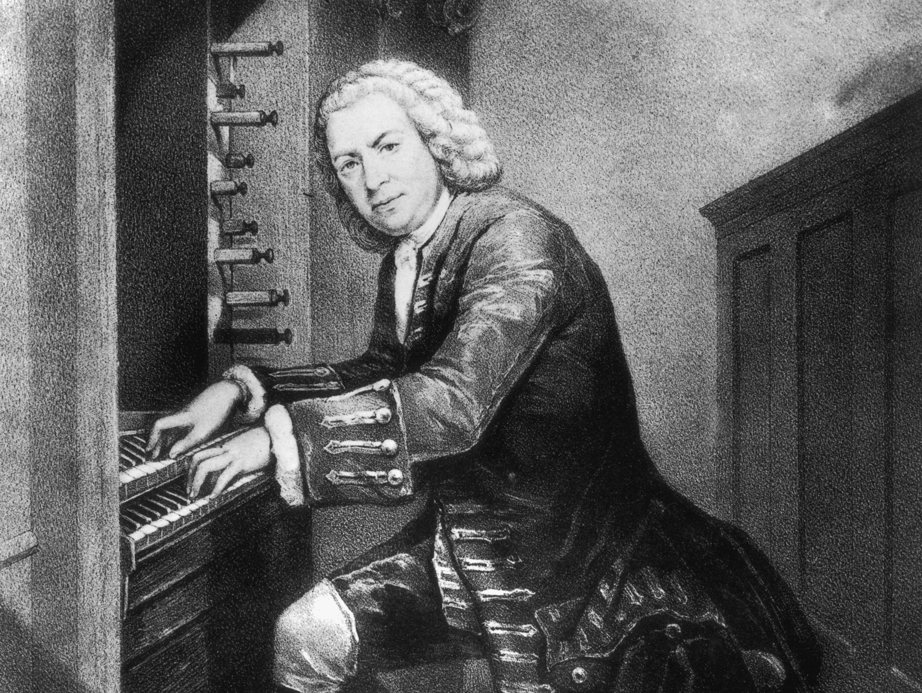 caption: Johann Sebastian Bach playing the organ, not the lautenwerck, circa 1725. From a print in the British Museum.